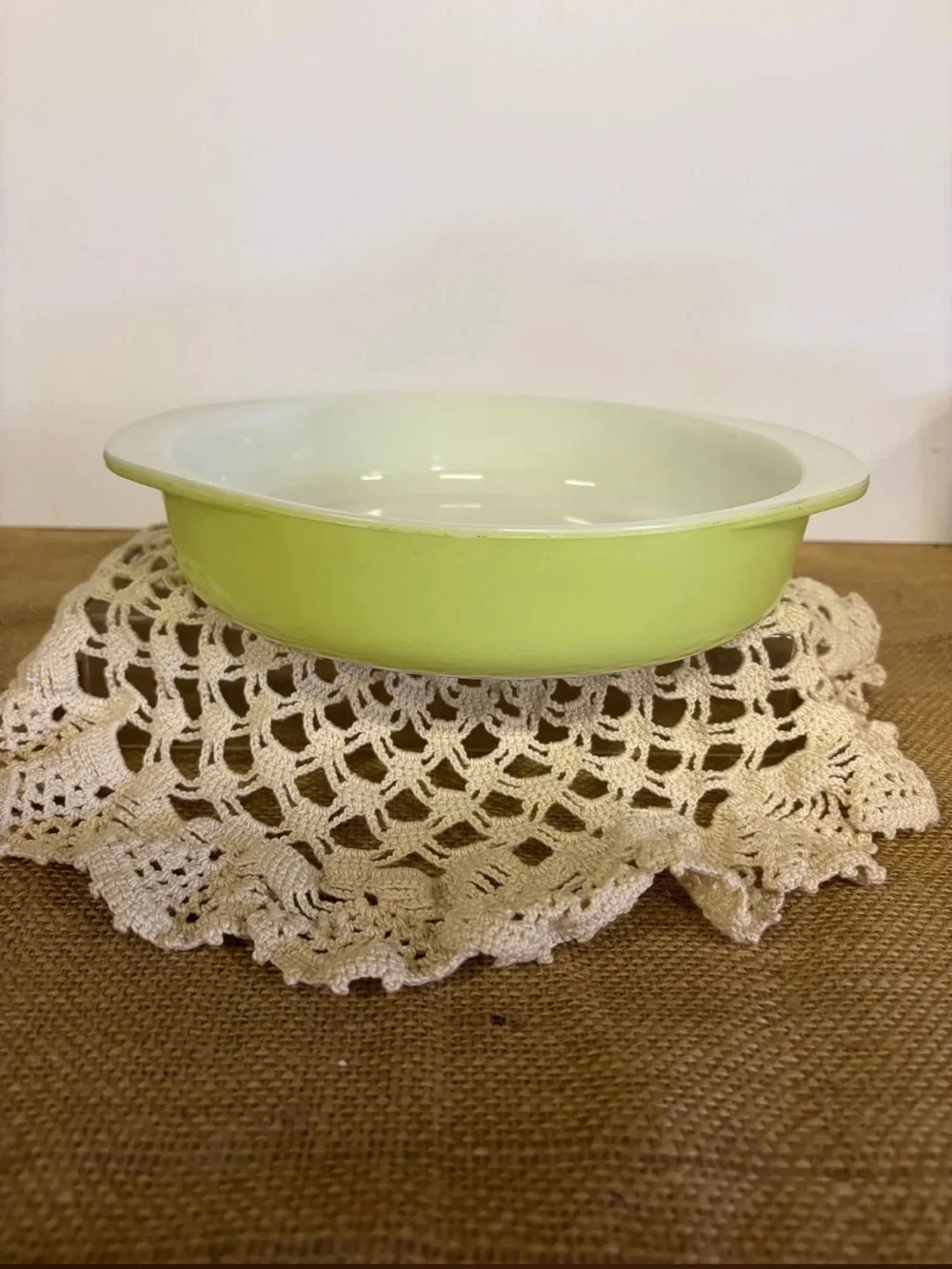 PYREX #221, Vintage 50’s Lime Green Milk Glass, 8” round cake pan